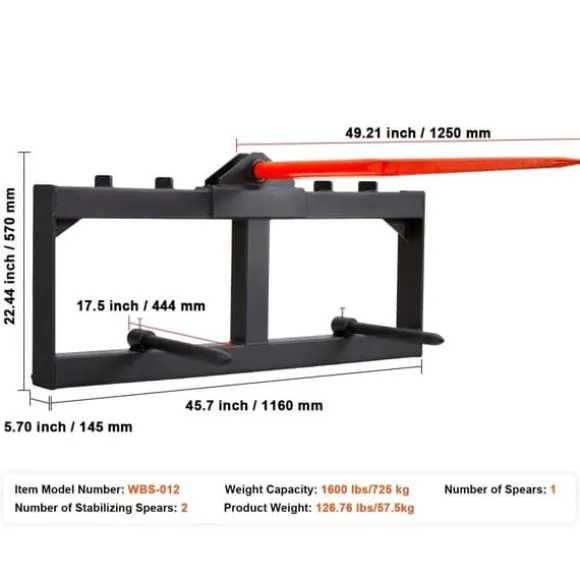 49" høspyd med 1600 lbs kapacitet, inkl. 2 stk 17,5" stabilisatorspyd til minilæsser og traktortilbehør. Hurtigmontering.