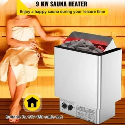 9 kW saunaovn 380V-415V, våd&tør elektrisk med indbygget kontrol. Rustfrit stål saunahegn, perfekt til afslapning.
