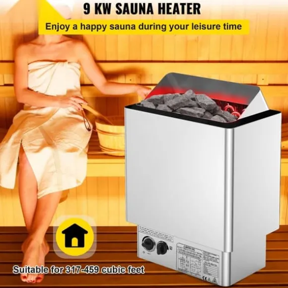 9 kW saunaovn 380V-415V, våd&tør elektrisk med indbygget kontrol. Rustfrit stål saunahegn, perfekt til afslapning.