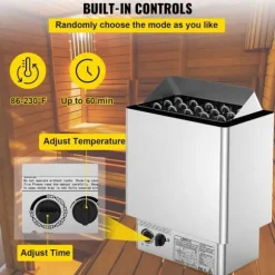 9 kW saunaovn 380V-415V, våd&tør elektrisk med indbygget kontrol. Rustfrit stål saunahegn, perfekt til afslapning.