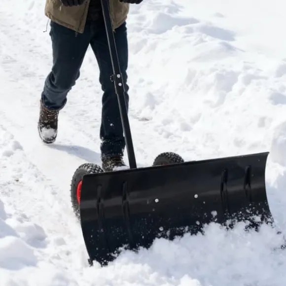 30" metal sneskovl med 15" højde og 2 hjul, justerbart vinkel- og højdehåndtag til nem snerydning, ergonomisk dobbeltrørsdesign