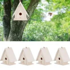 4 stk. mini hængende træfuglehuse, reder, burpynt, håndværk til have- og gårdhavedekoration