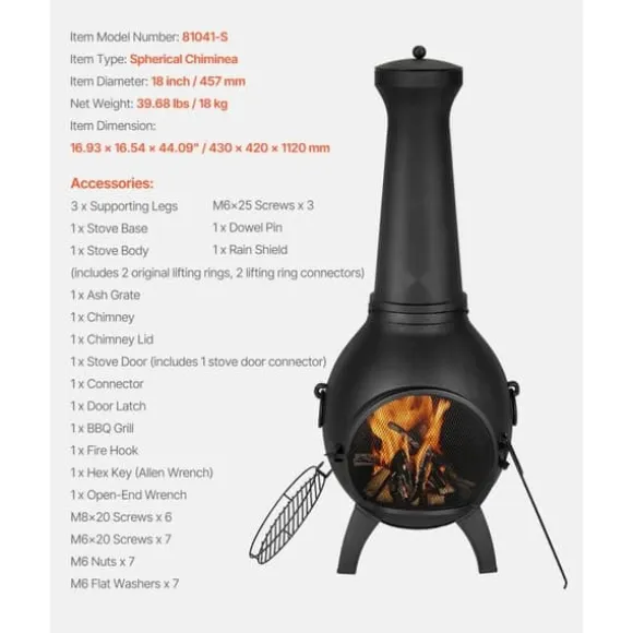 18 Tommer Chiminea, Outdoor Brændeovn, med Grillnet og Skorstensbeklædning