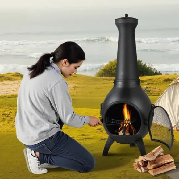 18 Tommer Chiminea, Outdoor Brændeovn, med Grillnet og Skorstensbeklædning