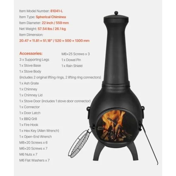 22 tommer Chiminea, Udendørs Aluminium Pejs, med Grillnet og Skorstensbelægning