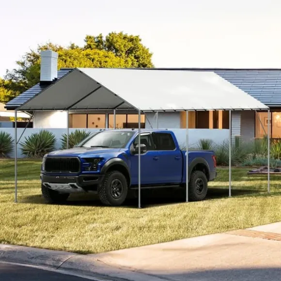 10 x 20 ft carport baldakin, kraftig og vandtæt teltpresenning med UV-beskyttelse. Nem installation - inkl. 40 bungees (kun topdæksel). Hvid