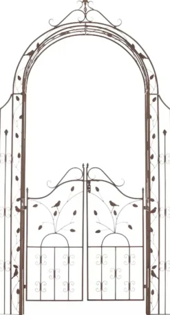 Antique Brown Metal Rose Arch with Gate - Handcrafted Iron Garden Arbor for Climbing Plants, Durable, 144cm Wide