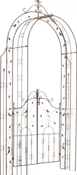 Antique Brown Metal Rose Arch with Gate - Handcrafted Iron Garden Arbor for Climbing Plants, Durable, 144cm Wide
