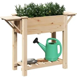 Beige blomsterkrukke med hylde i massivt fyrretræ | Størrelse: 111 x 37 x 76.5 cm