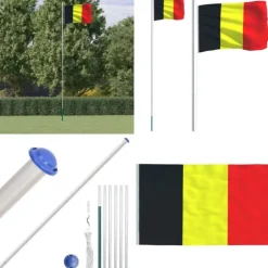 Belgien flag og flagstang 6,23 m aluminium - Belgien Flag - Belgien-flag - Home & Living