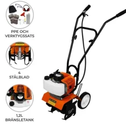 Benzindrevet Rotavator Rorpind Trådløs Have 52CC 4 stålblade 30 cm Arbejdsbredde 20 cm Dybde Bærbar gravemaskine Ukrudtsfjernelse PPE og værktøjssæt | CDON