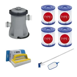 Bestway - Vedligeholdelsessæt & filterpumpe 1249 L/h & 4 filtre Type I &WAYS skrubbebørste