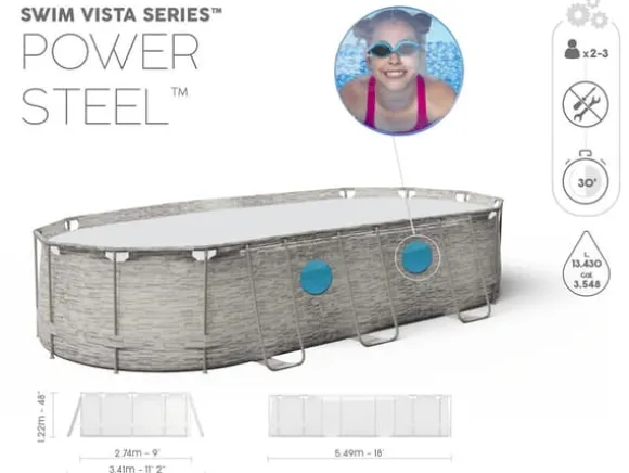 Bestway Power Steel Swim Vista Series II Familiepool med Sikkerhedsvinduer, 549x274x122cm