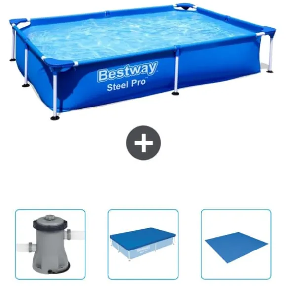 Bestway Rectangular Steel Pro Swimming Pool - 221 x 150 x 43 cm - Blå - Inkluderet tilbehør CB40