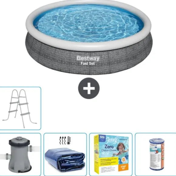 Bestway Round Oppustelig Fast Set Swimming Pool - Rattan Print - 366 x 76 cm - Inklusive Tilbehør CB19