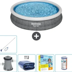 Bestway Round Oppustelig Fast Set Swimming Pool - Rattan Print - 366 x 76 cm - Inklusive Tilbehør CB20
