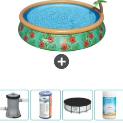 Bestway Round Oppustelig Fast Set Swimming Pool - Paradise Print - 457 x 84 cm - Inklusive Tilbehør CB51