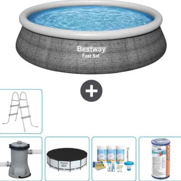 Bestway Round Oppustelig Fast Set Swimming Pool - Rattan Print - 457 x 84 cm - Inklusive Tilbehør CB14