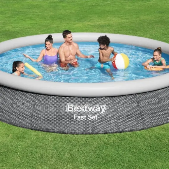 Bestway Round Oppustelig Fast Set Swimming Pool - Rattan Print - 457 x 84 cm - Inklusive Tilbehør CB14