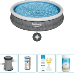 Bestway Round Oppustelig Fast Set Swimming Pool - Rattan Print - 366 x 76 cm - Inklusive Tilbehør CB49