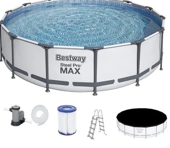 Bestway Steel Pro Max 549x122 cm Rund Overjordisk Pool Sæt med Pumpe, Stige og Dække - Arktisk Grå