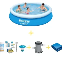 Bestway swimmingpool - Hurtigt sæt - 366 x 76 cm - Inklusiv WAYS vedligeholdelsespakke, filterpumpe og jordklud