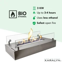 Bioethanol brænder L (5820S) - Børstet rustfrit stål - Bioethanol indbygningsovn med patenteret keramisk sten - 3 KW varme