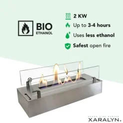 Bioethanol brænder S (4114S) - Børstet rustfrit stål - Bioethanol indbygningsovn med patenteret keramisk sten - 2 KW varme