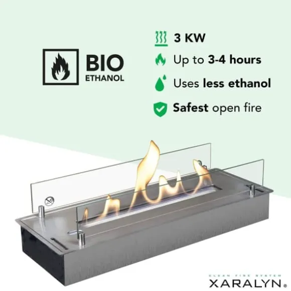 Bioethanolbrænder L (5820LS) med indbygget læbe - Børstet rustfrit stål - bioethanol indbygningsovn med patenteret keramisk sten - 3 KW varme