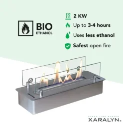 Bioethanolbrænder S (4114LS) med indbygget læbe - Børstet rustfrit stål - bioethanol indbygningsovn med patenteret keramisk sten - 2 KW varme