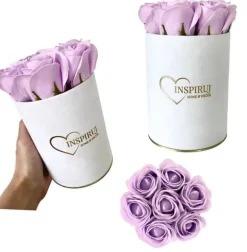 Blomsterkasse Inspiruj - Hvid kasse med sæberoser - nr. 6 Lys lilla