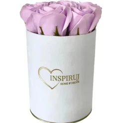 Blomsterkasse Inspiruj - Hvid kasse med sæberoser - nr. 6 Lys lilla