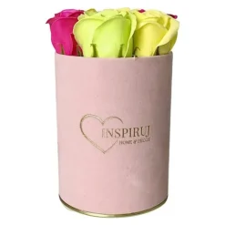 Blomsterkasse Inspiruj - Lyserød kasse med sæberoser - nr. 17 Mix fuchsia grøn gul