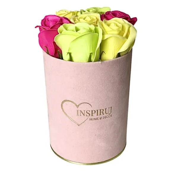 Blomsterkasse Inspiruj - Lyserød kasse med sæberoser - nr. 17 Mix fuchsia grøn gul
