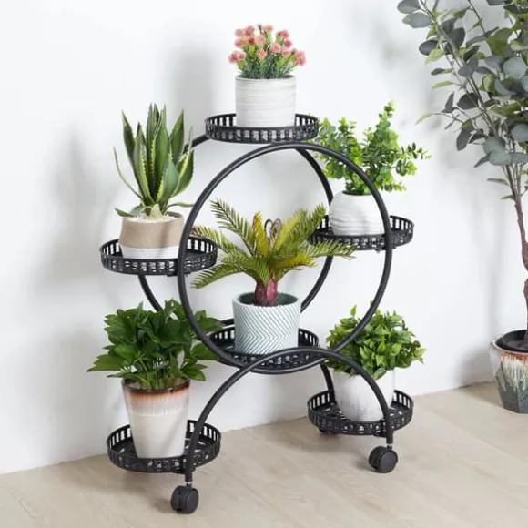 Blomsterstander - Plantehylde med 4 hjul - 6 niveauer - Metal - Samling påkrævet - Str. L - Sort