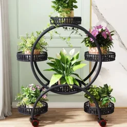 Blomsterstander - Plantehylde med 4 hjul - 6 niveauer - Metal - Samling påkrævet - Str. L - Sort