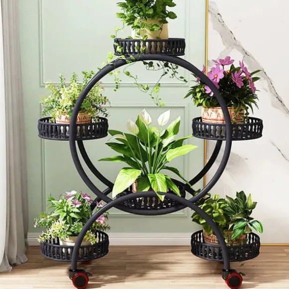 Blomsterstander - Plantehylde med 4 hjul - 6 niveauer - Metal - Samling påkrævet - Str. L - Sort