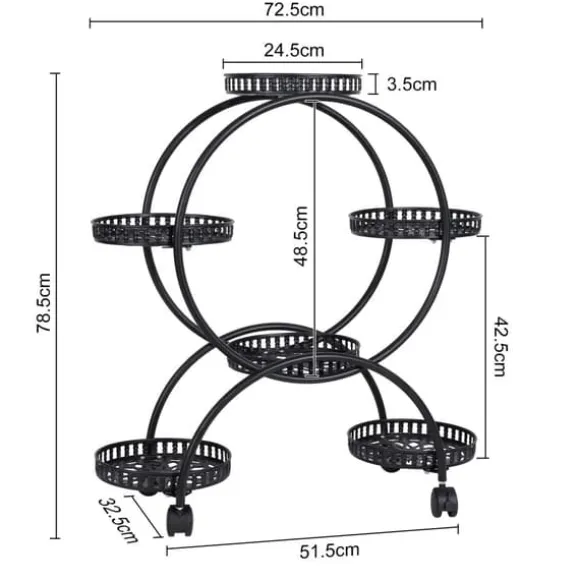 Blomsterstander - Plantehylde med 4 hjul - 6 niveauer - Metal - Samling påkrævet - Str. L - Sort