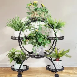 Blomsterstander - Plantehylde med 4 hjul - 6 niveauer - Metal - Samling påkrævet - Str. L - Sort