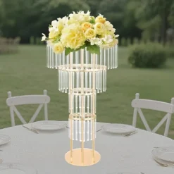 Blomsterstander med krystaller til bryllup - 4-etagers rund piedestal - Fritstående - 50×90 cm - Jern og akryl - Lyserød