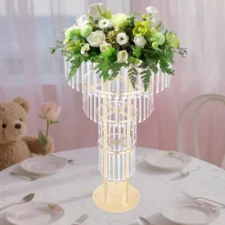 Blomsterstander med krystaller til bryllup - 4-etagers rund piedestal - Fritstående - 50×90 cm - Jern og akryl - Lyserød