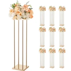 Blomsterstander Sæt - Søjle/Piedestal - Sæt Af 10 - Højde 80 cm - Metal - Cylindrisk & Kubisk - Til Bryllup & Fest - Guld