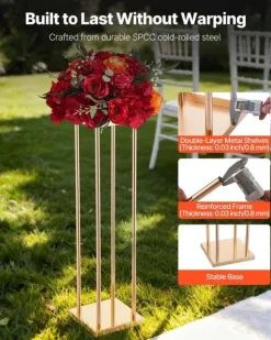 Blomsterstander Sæt - Søjle/Piedestal - Sæt Af 10 - Højde 80 cm - Metal - Cylindrisk & Kubisk - Til Bryllup & Fest - Guld