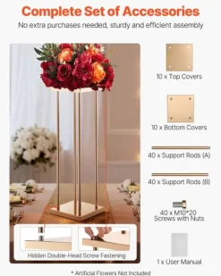 Blomsterstander Sæt - Søjle/Piedestal - Sæt Af 10 - Højde 80 cm - Metal - Cylindrisk & Kubisk - Til Bryllup & Fest - Guld