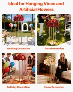 Blomsterstander Sæt - Søjle/Piedestal - Sæt Af 10 - Højde 80 cm - Metal - Cylindrisk & Kubisk - Til Bryllup & Fest - Guld