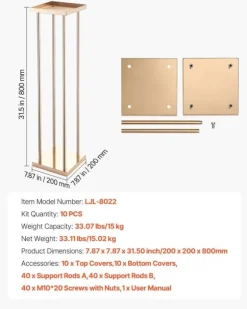 Blomsterstander Sæt - Søjle/Piedestal - Sæt Af 10 - Højde 80 cm - Metal - Cylindrisk & Kubisk - Til Bryllup & Fest - Guld