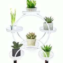 Blomsterstander til krukker - Rund metalstander med hjul - Til altan og have - Hvid