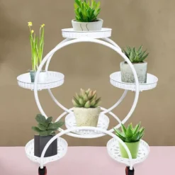 Blomsterstander til krukker - Rund metalstander med hjul - Til altan og have - Hvid