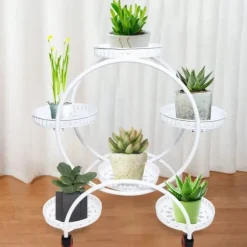Blomsterstander til krukker - Rund metalstander med hjul - Til altan og have - Hvid