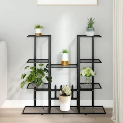 Blomsterstativ i jern - Robust plantehylde | Farve: Sort | Størrelse: 94,5x25x89 cm